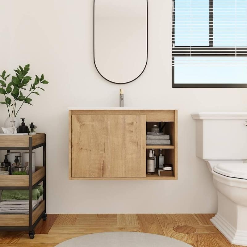 BNK 20"/24"/30" Single Sink Bathroom Vanity with Soft Close Door or Right Side Shelves, Modern Floating Vanity