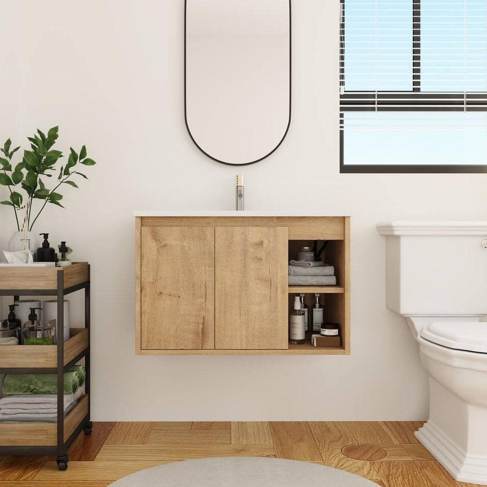BNK 20"/24"/30" Single Sink Bathroom Vanity with Soft Close Door or Right Side Shelves, Modern Floating Vanity
