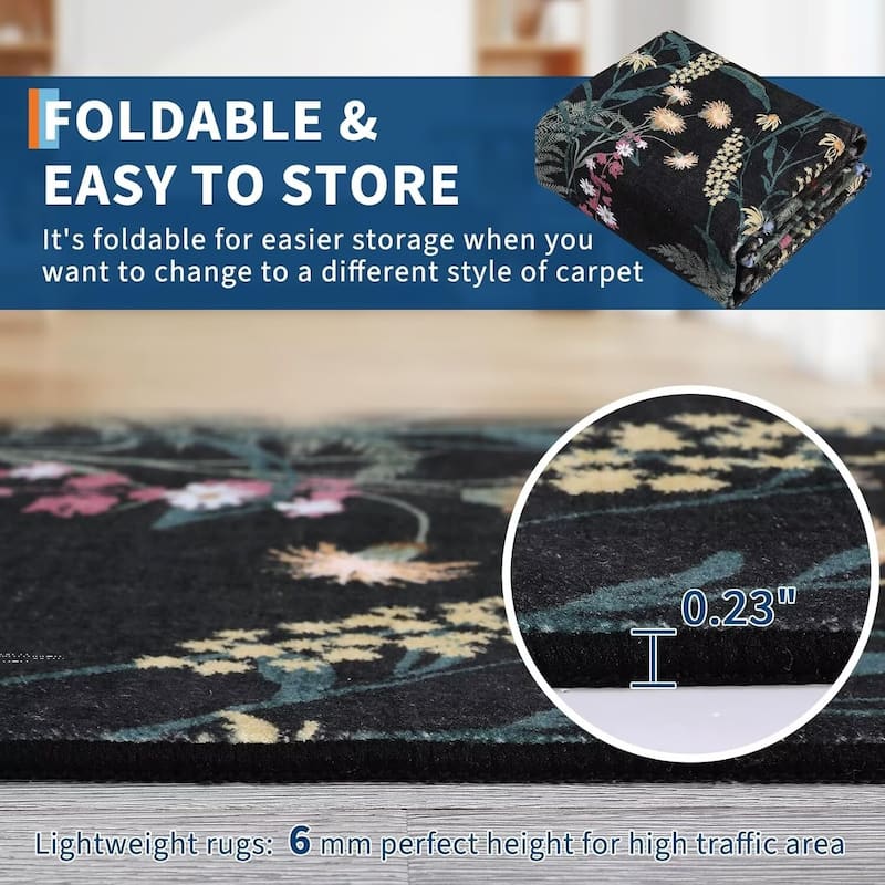 Modern Living Room Rugs Floral Rustic Area Rug Soft Foldable Accent Rug Low Pile Non-Slip Rug for Dining Room Office