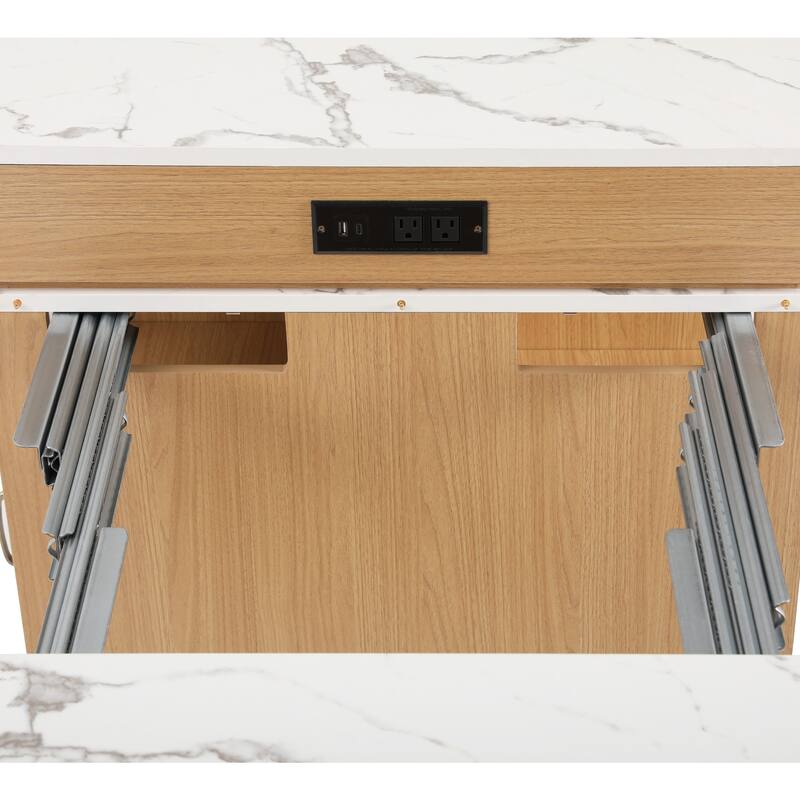 Kitchen Island with Extendable Dining Table, Kitchen Storage Table with 2 Drawers, Power Outlet, Open Shelves, for Diningroom
