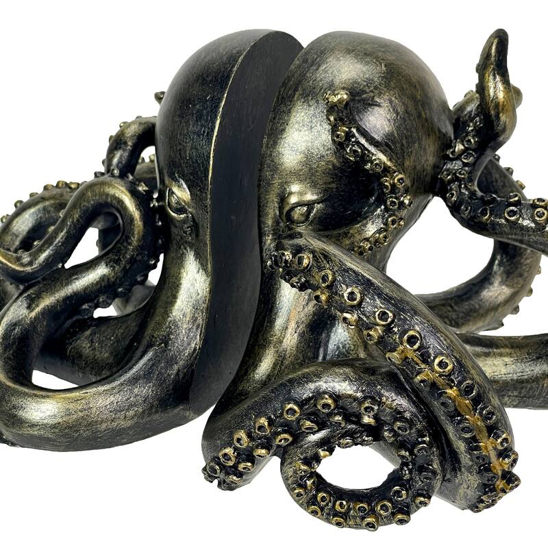 Bronze Octopus Bookends Set Of 2 Nautical Polyresin Coastal Shelf - 5 X 10 X 8 inches