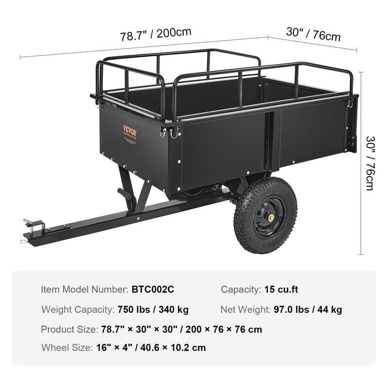 VEVOR Heavy Duty Steel ATV Dump Trailer 15 Cubic Feet Tow Behind Dump Cart Garden Trailer