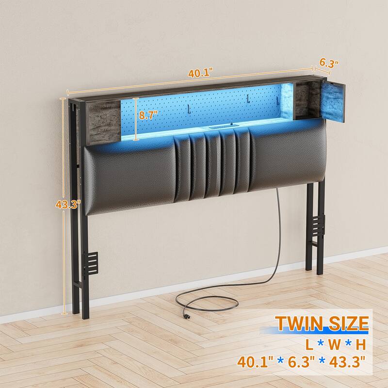 Upholstered Headboard with Storage Shelf and Small Cabinet, Headboard Power Outlet and LED Light