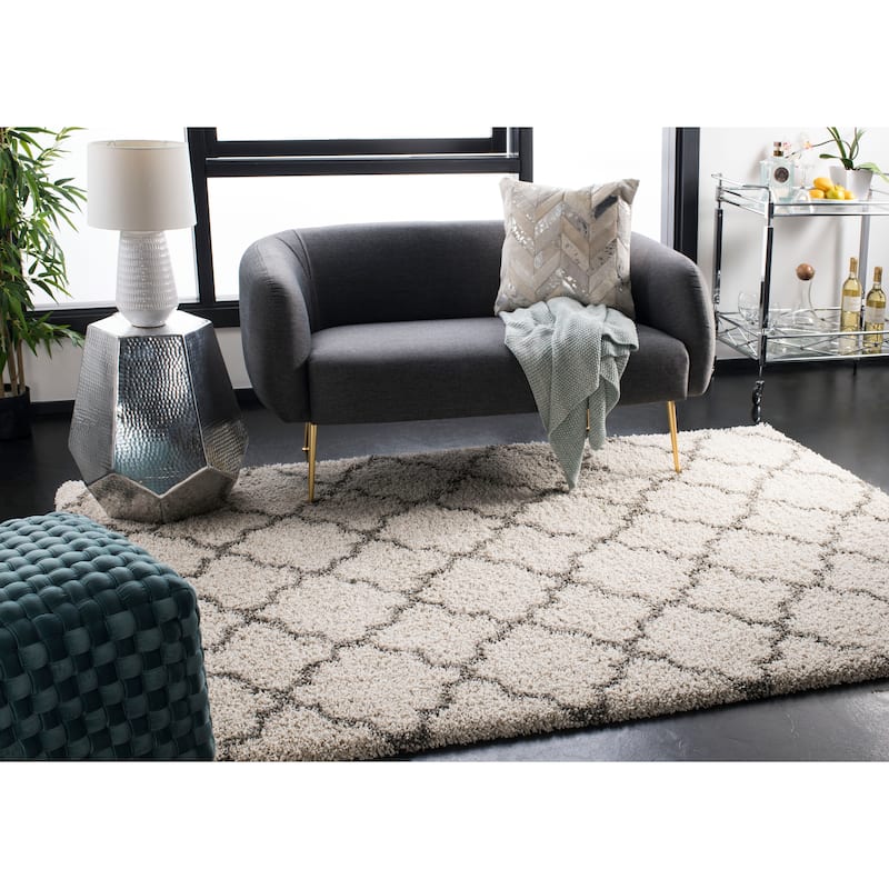 SAFAVIEH Hudson Shag Jeryl Glam Trellis 2-inch Area Rug - 3' Square - Ivory/Grey