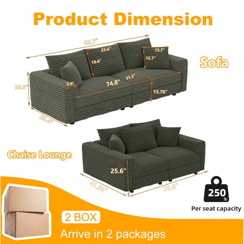 Plush Corduroy Upholstered 3 Seat Sofa , Convertible Deep Seat Lounge Sofa Chair, Cloud Sofa with 5 Soft Pillows