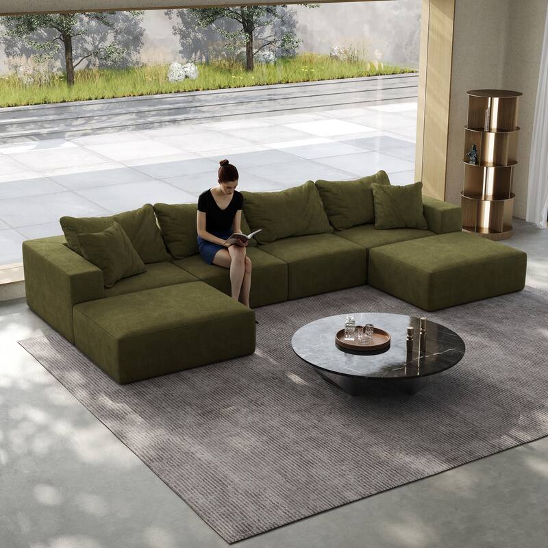 Floor Upholstered Sectional Sofa Modular L Shaped Couch Set with 6 Pillows and Ottomans, Living Room Sleeper Sofa Bed