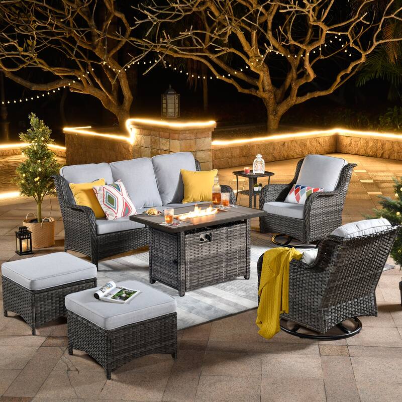 OVIOS 7-piece Patio Swivel Chair Set with 42" Fire Table - Grey-Grey Wicker