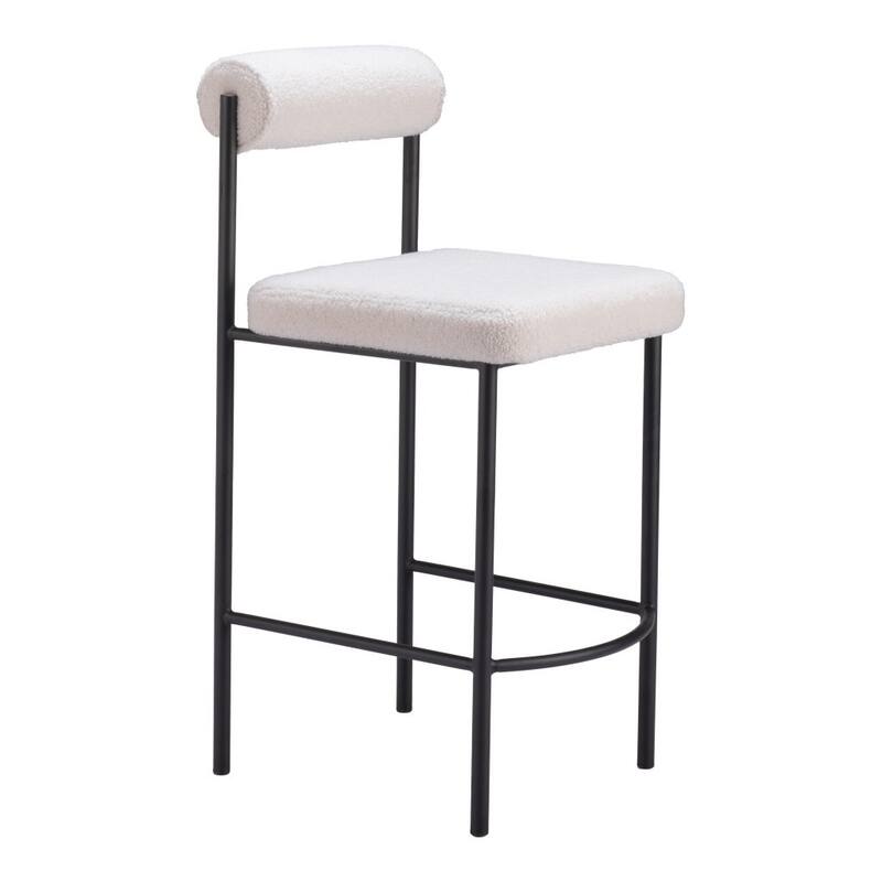 HomeRoots Set of Two 26" Ivory and Black Faux Shearling and Steel Low Back Counter Height Bar Chairs