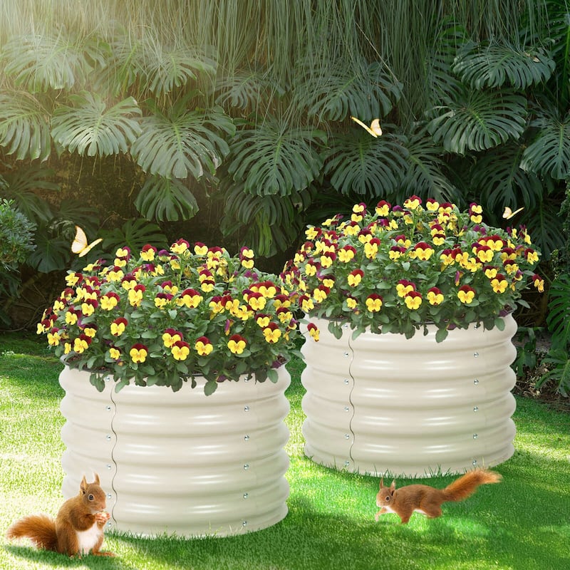 Aoodor 16.7'' Tall Aluzinc Metal Raised Garden Bed 24'' Round - Outdoor Garden Planter Box for Vegetable, Flower, Herb - White