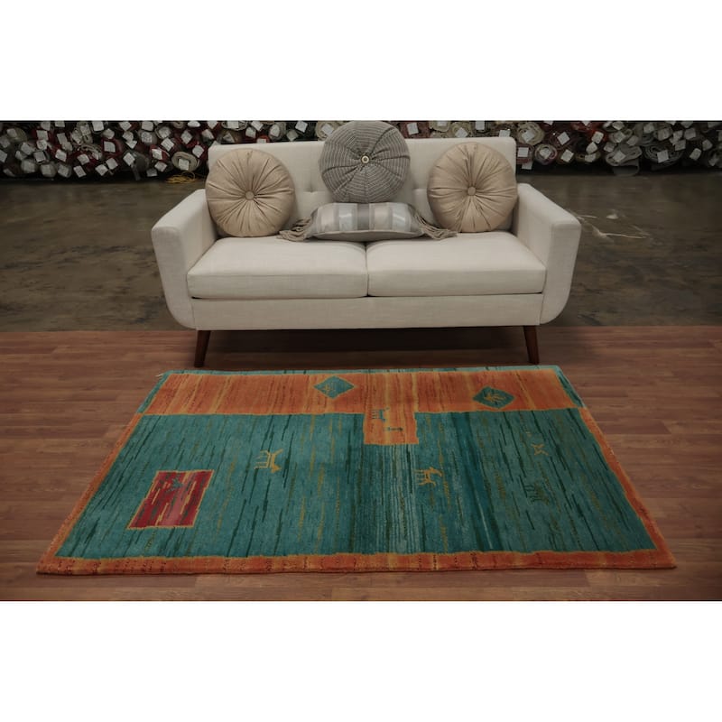 Hand Knotted Oriental 100% Wool Carpet Tribal Geometric Navy Blue & Blues Gabbeh Area Rug - 5' 6'' X 3' 7''