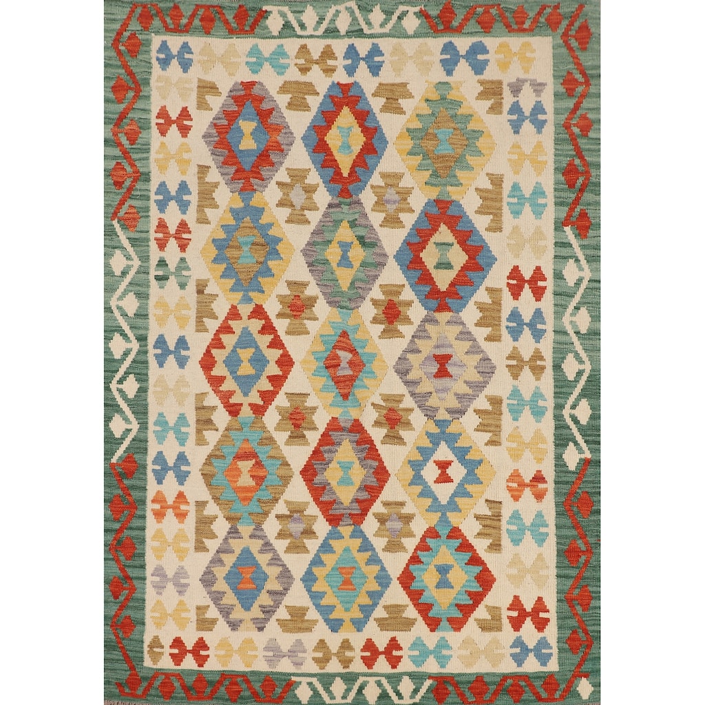 Kilim Reversible Area Rug Hand-Woven Geometric Beige Wool Carpet - 4'10"x 6'5"