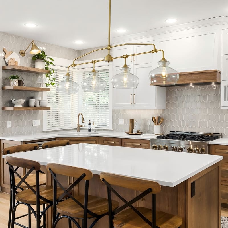 Brass Kitchen Island Light Linear Hanging Chandeliers Dining Room Light Fixture with Clear Glass Shades