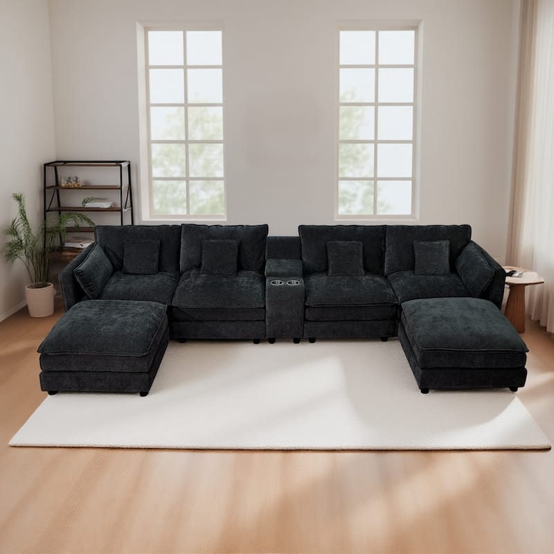 GDFStudio - Rei American Design 144" U-Shaped Comfy Fluffy Chenille Modular Sofa with Movable Ottoman & Storage