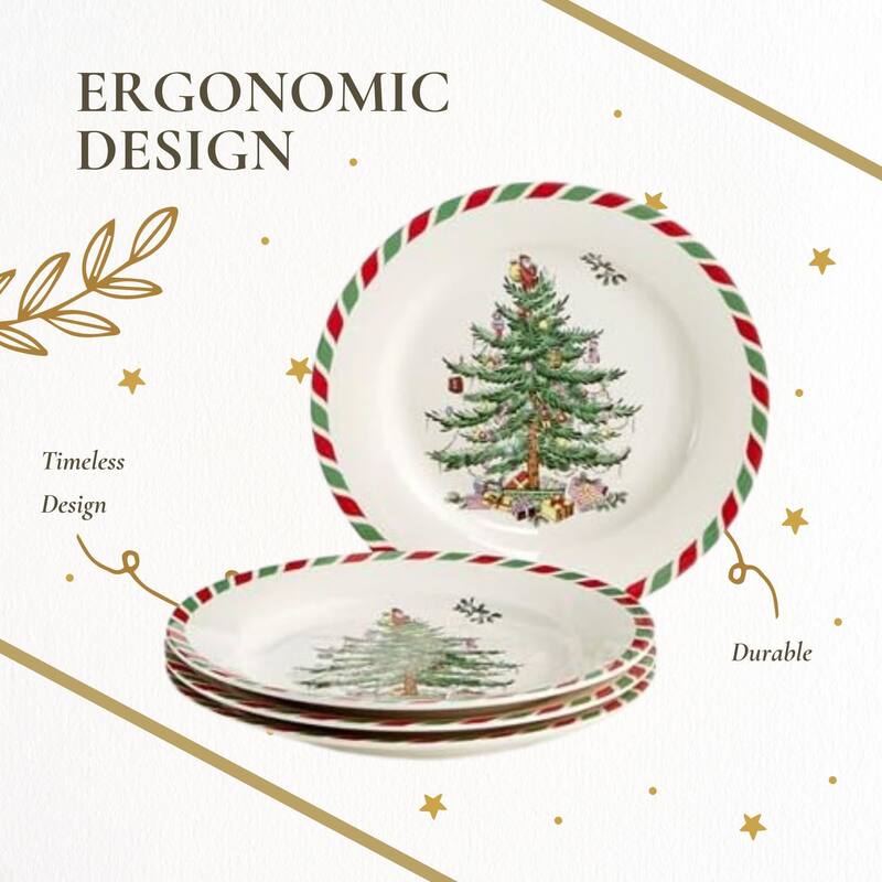 Spode Set of 4 Christmas Tree Candy Cane Dessert Plates - 8" D