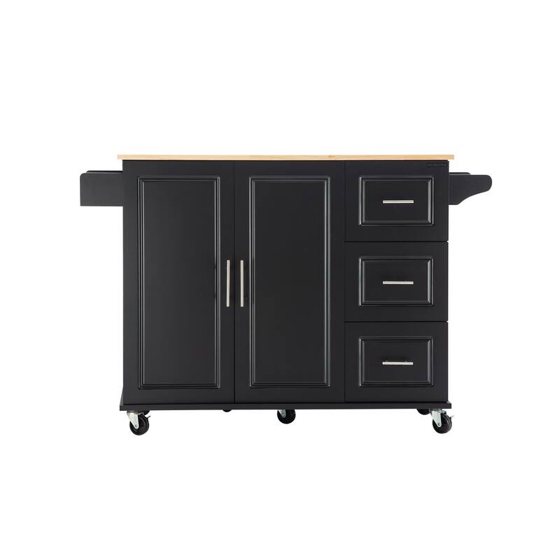 Kitchen Island Cart with Rubber Wood Table Top, 3 Spacious Drawers, Adjustable Cabinet Shelf & Movable Spice Rack