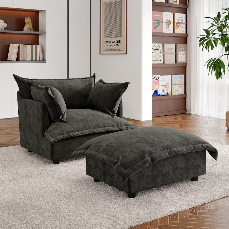 Double Layer Cushion Comfy Cloud Modular Sectional Sofa Set - Single Armchair+Ottoman-Dark Grey - Symmetrical