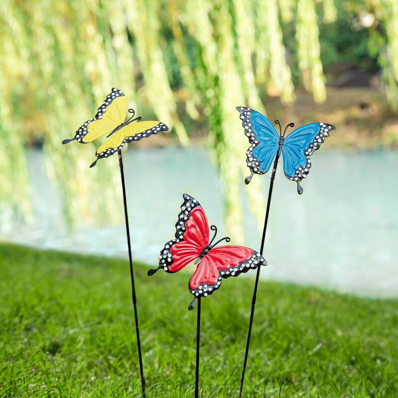 Glitzhome Set of 3 Metal Spring Garden Butterfly Birds Yard Stakes