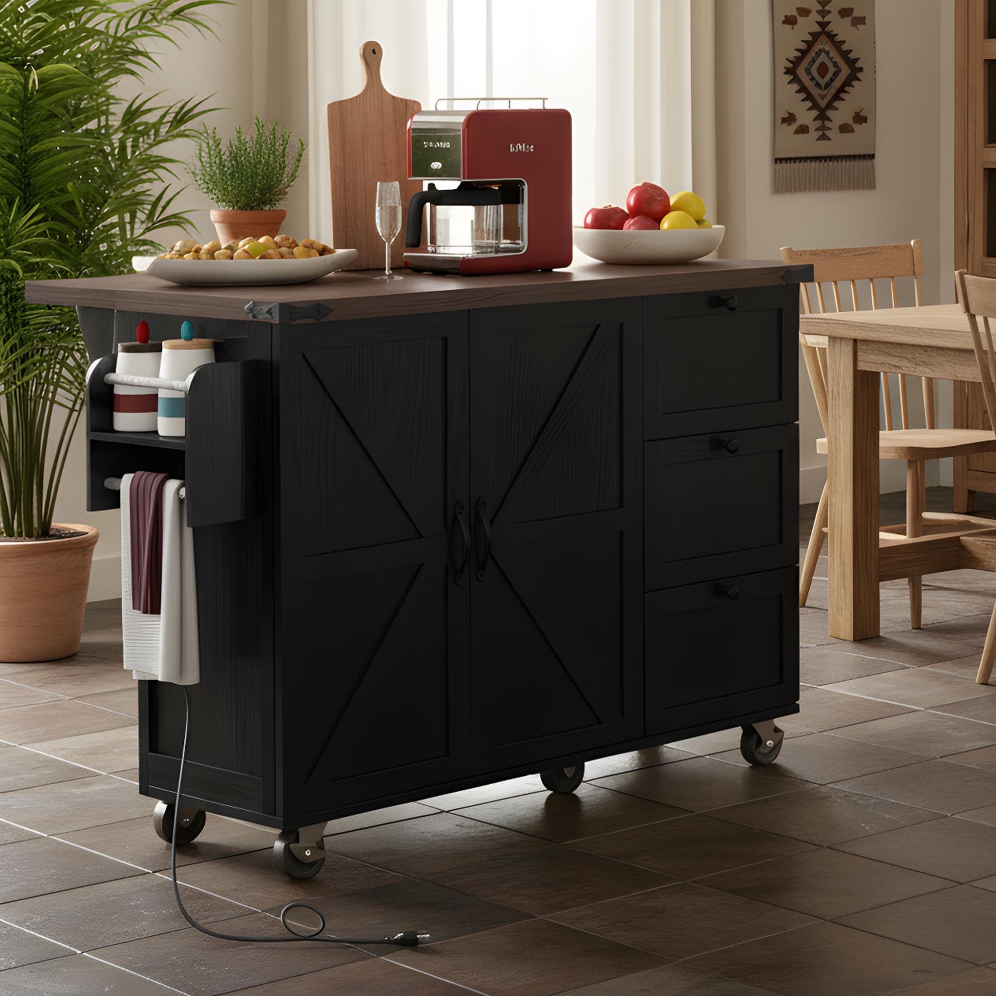 53.5" Farmhouse Kitchen Island with Power Outlet,Drop Leaf,Spice Rack and Drawer - N/A