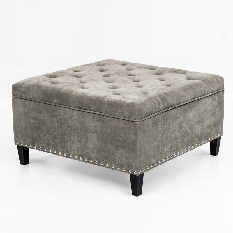 Adeco Large Square Footstool Fabric Storage Ottoman Bench