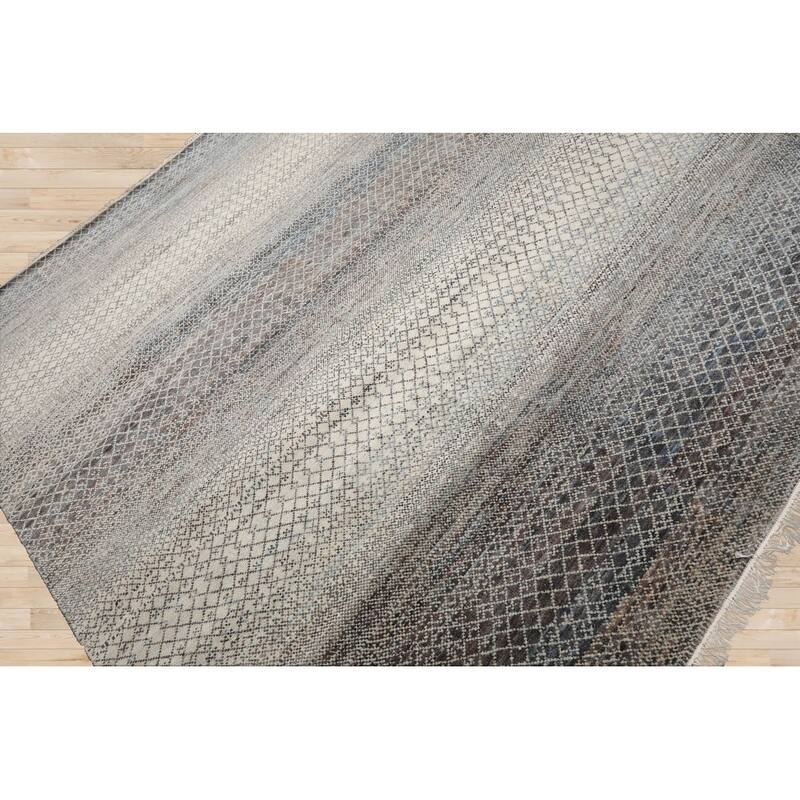 Beige Tibetan Wool & Bamboo Silk Hand Knotted Rug Geometric Style - 8' x 10'