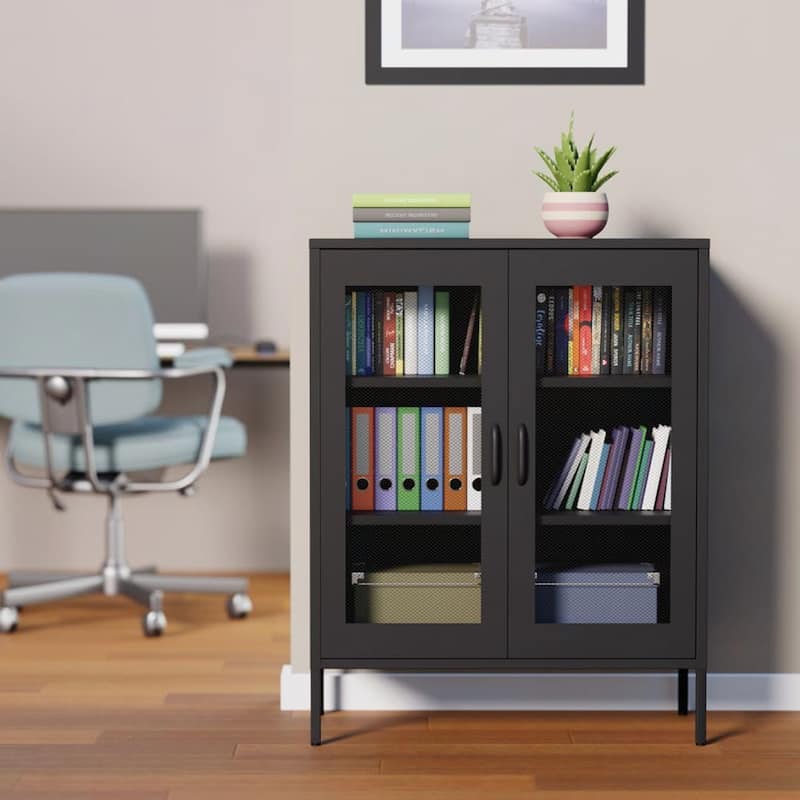 3-Tier Metal Storage Cabinet with Mesh Doors and Shelves