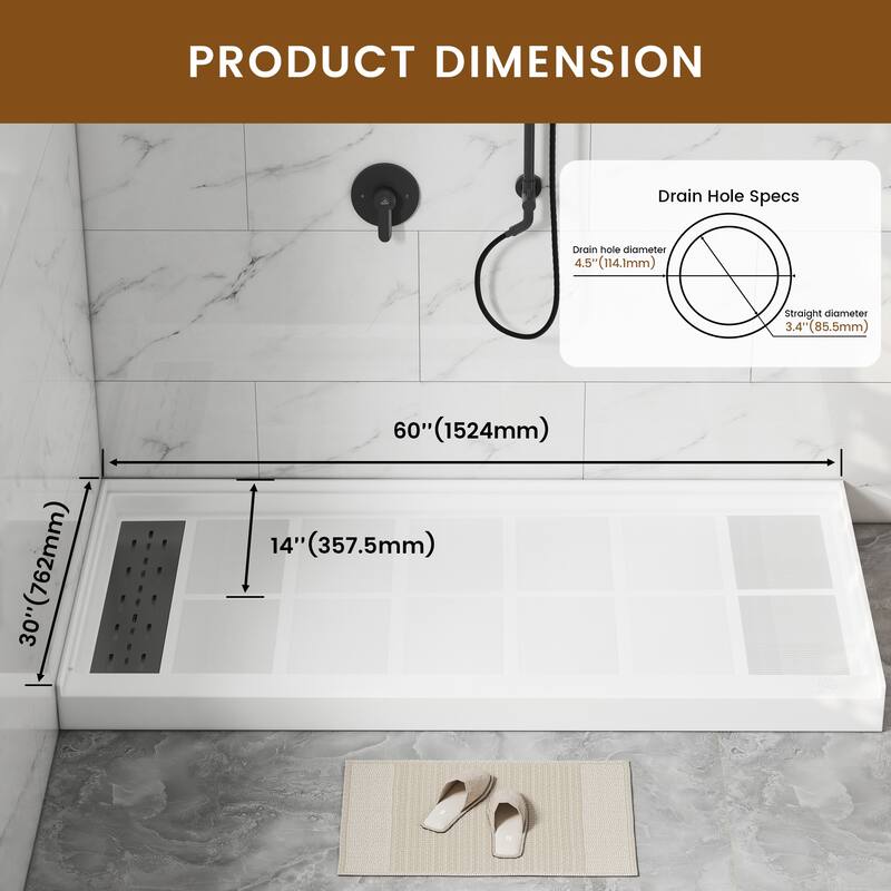 60 in. x 30 in. Elegant White Single Threshold Anti-slip SMC Rectangular Shower Base with Drain and Stainless Steel Drain Cover