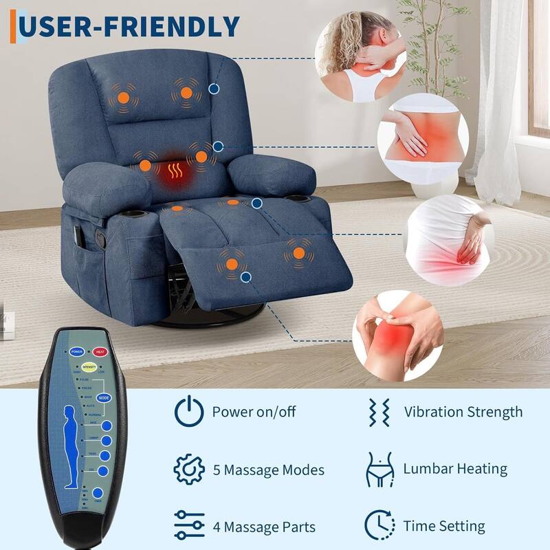 360° Swivel Massage and Heating Rocker Recliner Chairs for Living Room, Bedroom