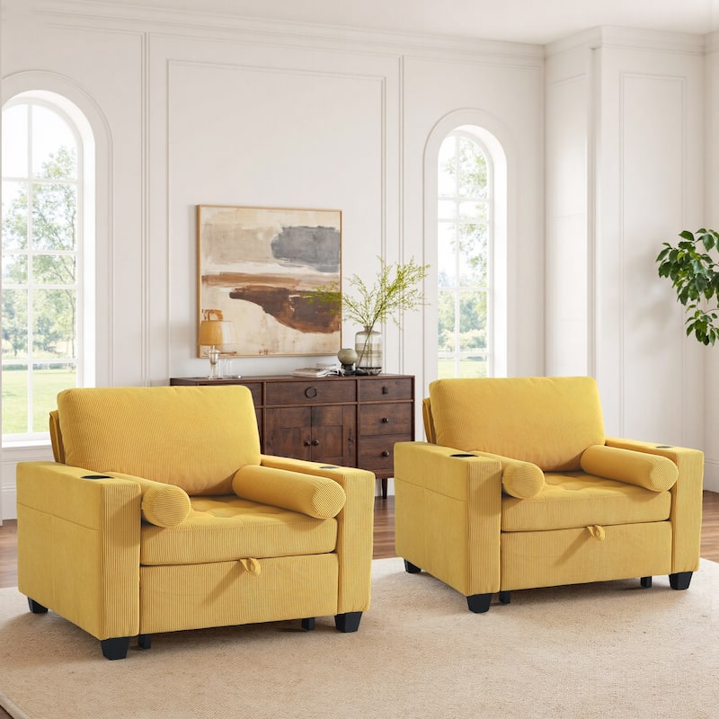Corduroy Upholstered Accent Chair Convertible Sleeper Chair Set of 2