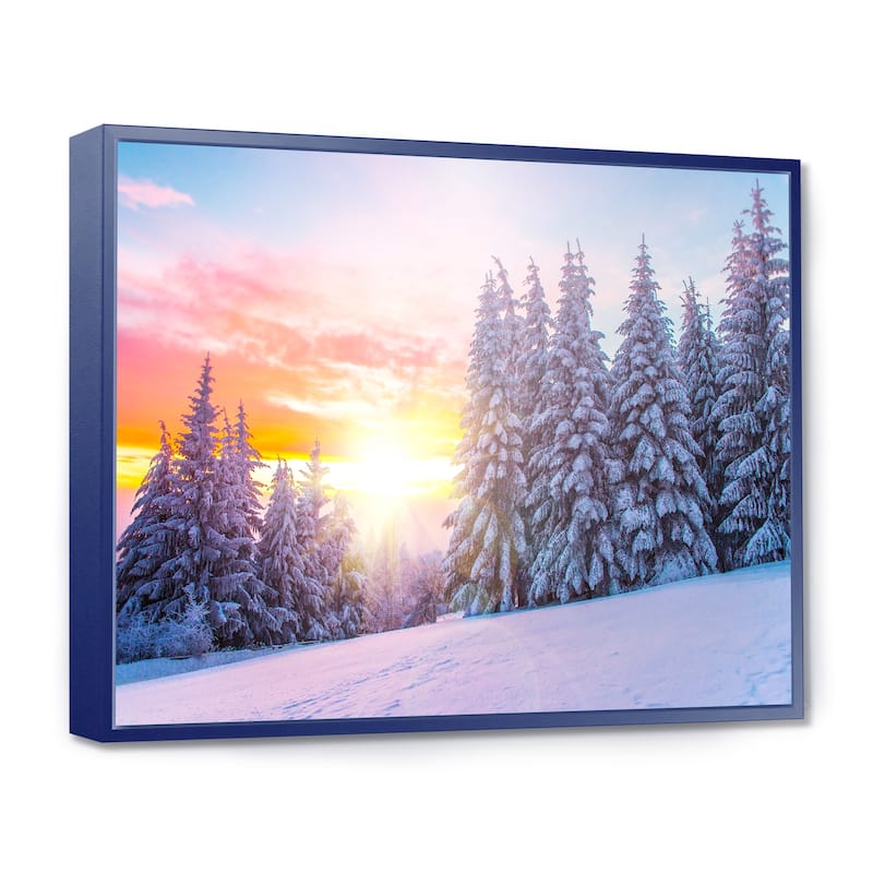 Designart "Winter Sunset in Bulgaria" Landscape Photo Framed Canvas Art Print - 32 in. wide x 16 in. high - Blue