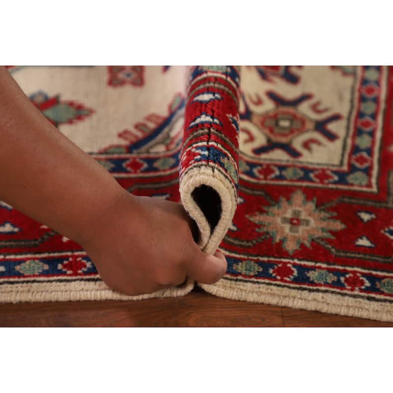 Ivory Geometric Kazak Oriental Accent Rug Hand-Knotted Wool Carpet - 3'7"x 5'0"