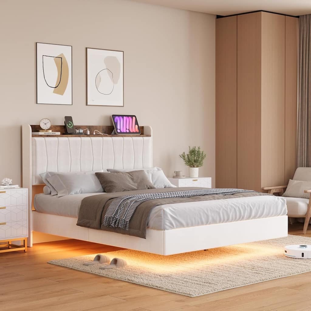 Queen Floating Platform Bed Frame with LED Lights, USB Ports & Upholstered Headboard, Wood Slats, No Box Spring
