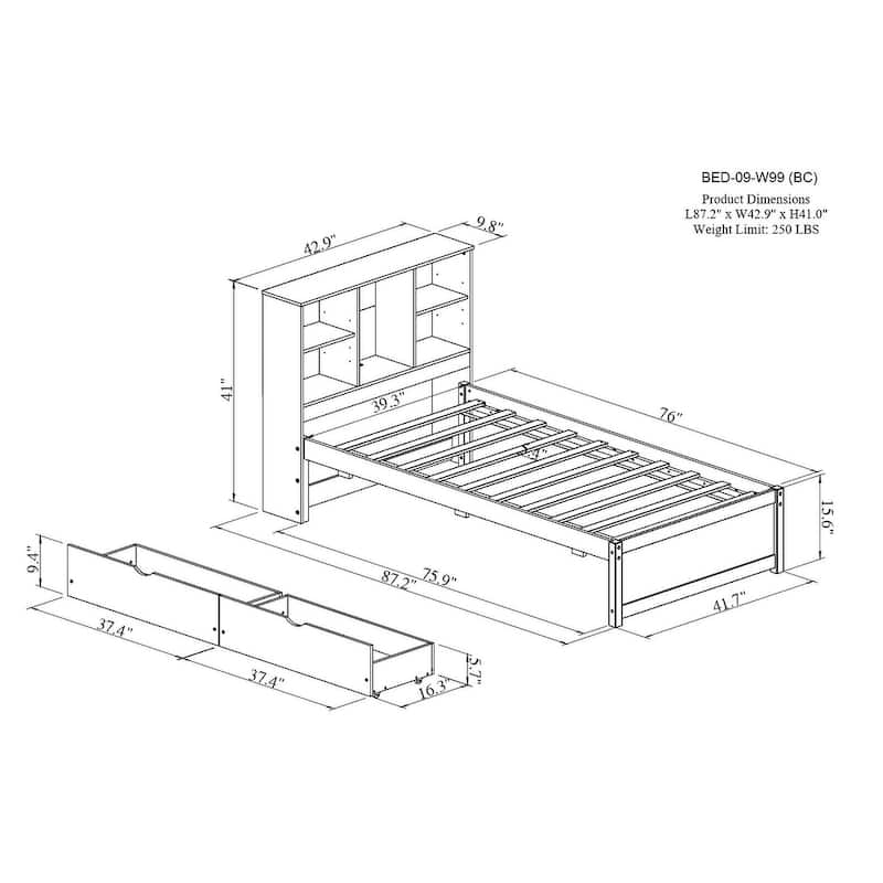 Twin Size Platform Bed with Built in USB Port,Bookcase and 2 Drawers
