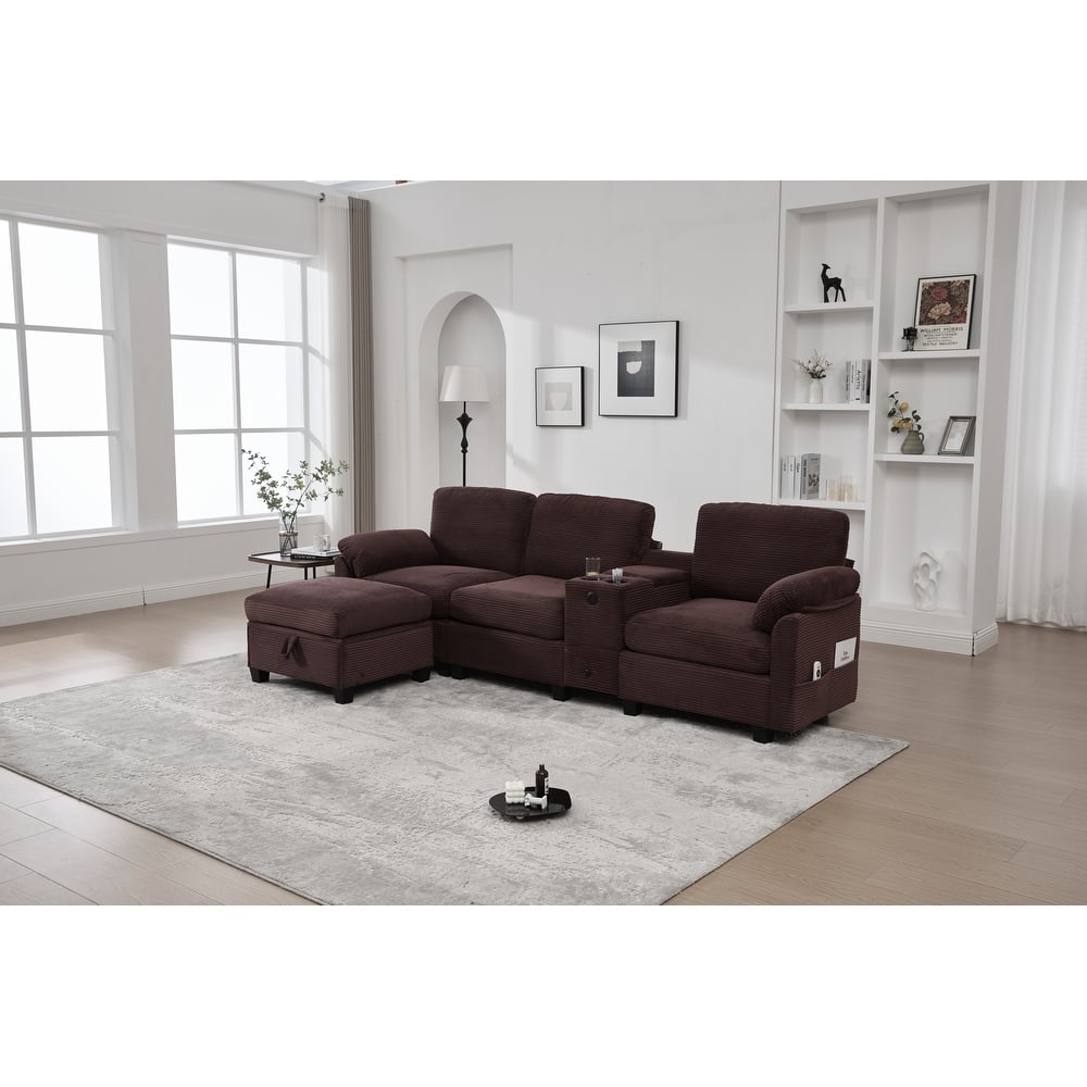 HOMEFUN Corduroy Upholstered L-Shaped 4-seater Storage Multifunctional Sectional Sofa with Storage Ottoman,Cup Holder and USB