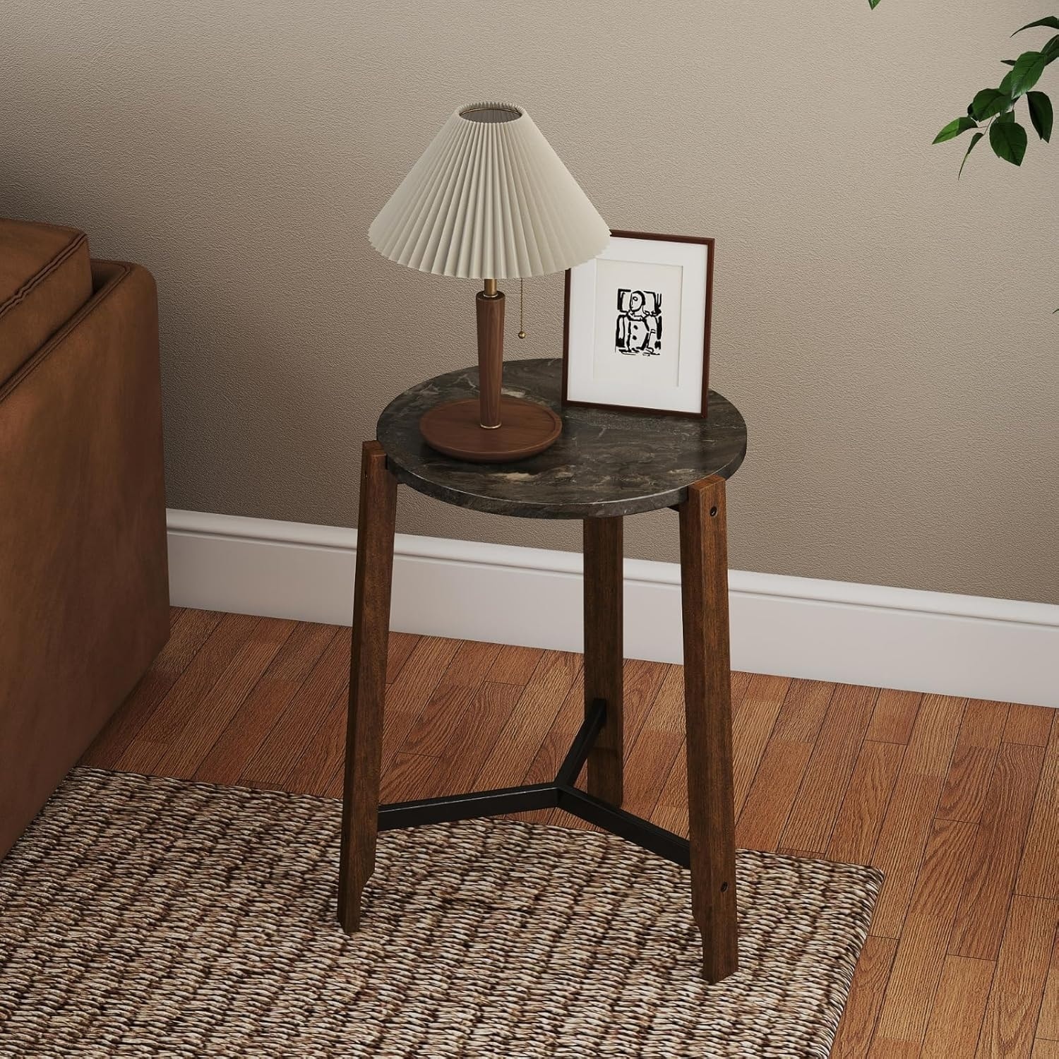 Modern Round Side Table with Faux Marble Top and Wooden Legs for Living Room or Bedroom