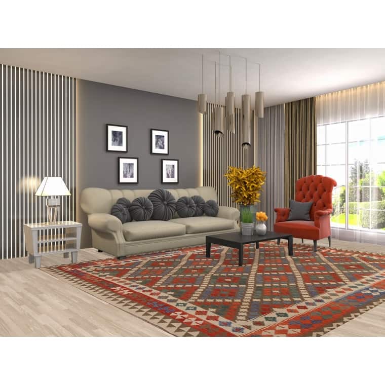 Reversible Geometric Kilim Area Rug Hand-Woven Wool Carpet - 8'2" x 10'5"