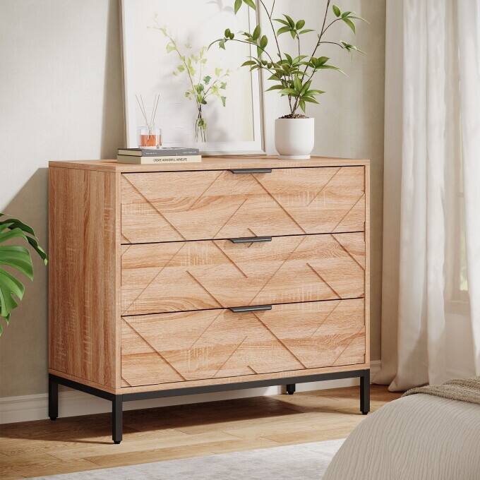 Modern Nightstand with 3 Drawers, Wooden Bed Side Table for Bedroom