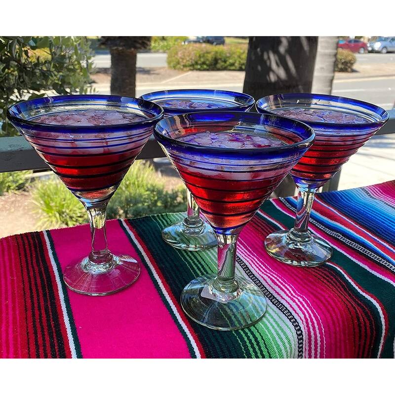 Dos Suenos Mexican Hand Blown Glass - Set of 4 Hand Blown Modern Margarita Glasses - Blue Spiral (12 oz)