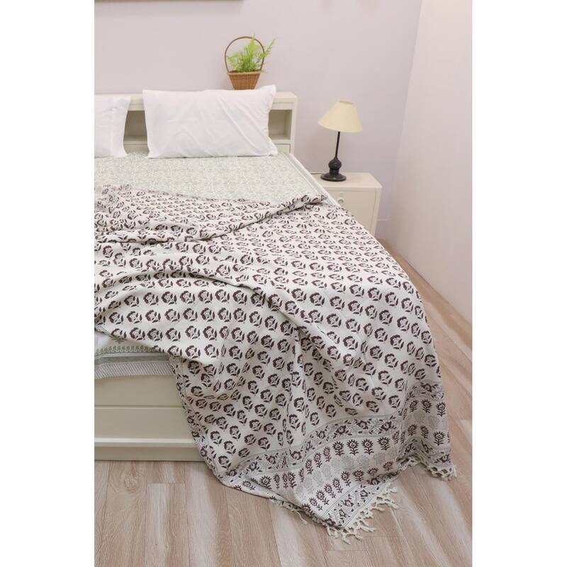 Fabdivine Rohini Handwoven Cotton Blanket- Stylish Block Print Throw for Home Decor & Bed Cover with Handcrafted Fringe, 90"x54" - 90" x 54" - Brown