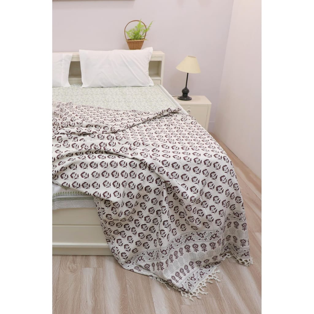 Fabdivine Rohini Handwoven Cotton Blanket- Stylish Block Print Throw for Home Decor & Bed Cover with Handcrafted Fringe, 90"x54"
