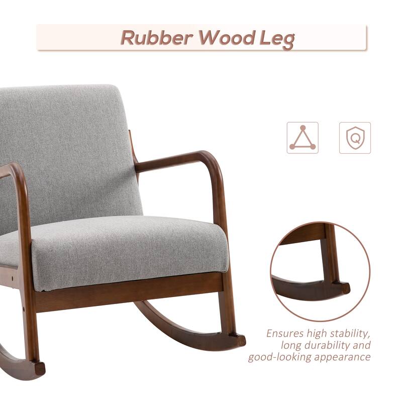 Grey Modern 25.3" High Back Upholstered Rocking Chair with Solid Curved Wood Base and Linen Padded Seat