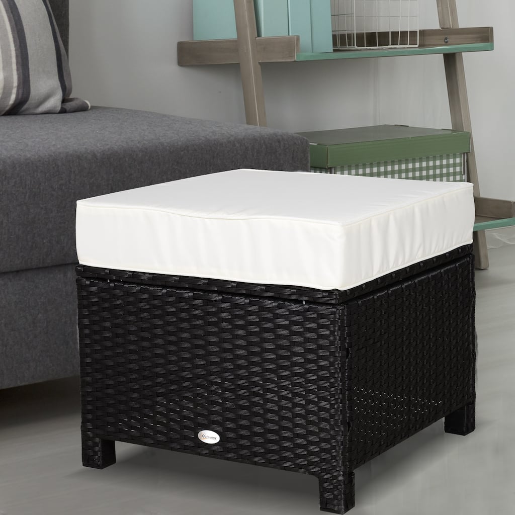 Outsunny Modern Rectangle Rattan Wicker Ottoman Footrest with Removable Cushion and Modern Design for Outdoor/Indoor Use