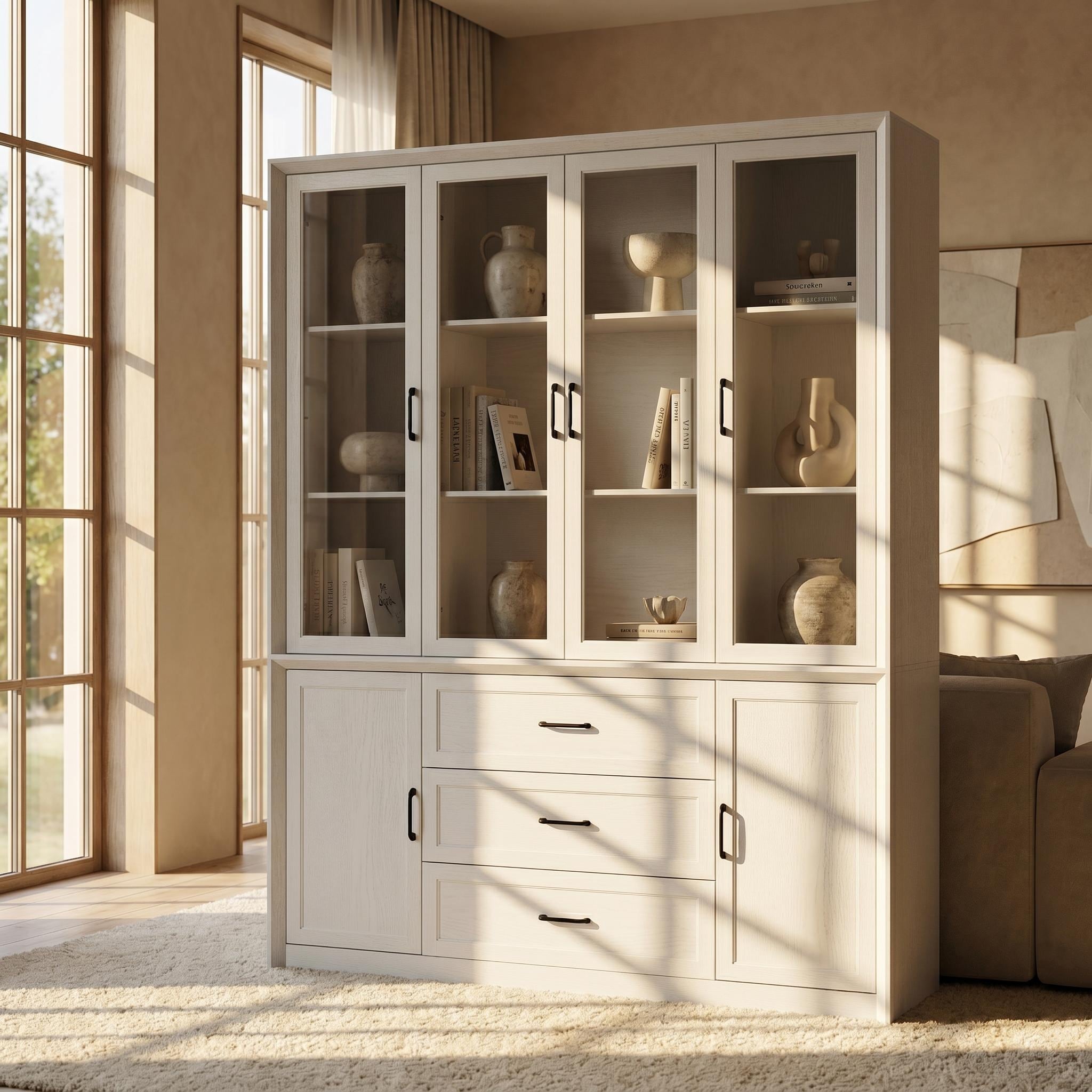 79.6" Tall White Bookcase with Glass Doors and 3 Drawers, Large Display Cabinet Storage Cabinet
