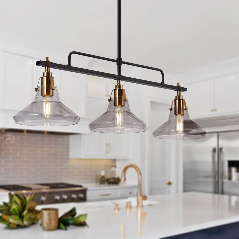 Mid-Century Modern 3-Light Black Gold Linear Chandelier Glass Pendant Lights for Dining Room - L 33.5" x W 7" x H 11"