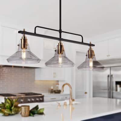Mid-Century Modern 3-Light Black Gold Linear Chandelier Glass Pendant Lights for Dining Room - L 33.5" x W 7" x H 11"