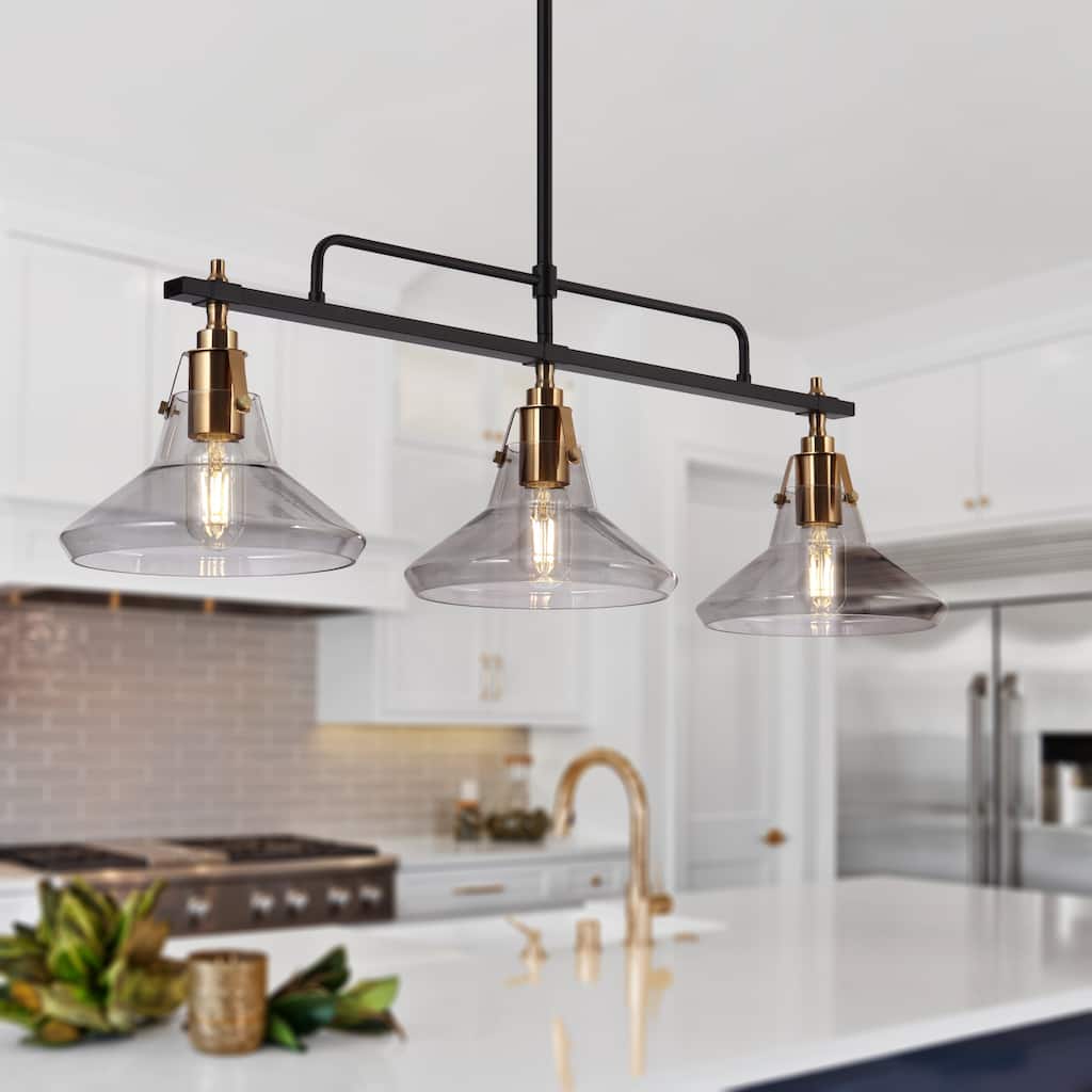 Mid-Century Modern 3-Light Black Gold Linear Chandelier Glass Pendant Lights for Dining Room - L 33.5" x W 7" x H 11"