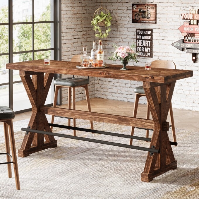 63" Solid Wood Bar Table, Farmhouse Counter Height Dining Table - N/A - Brown