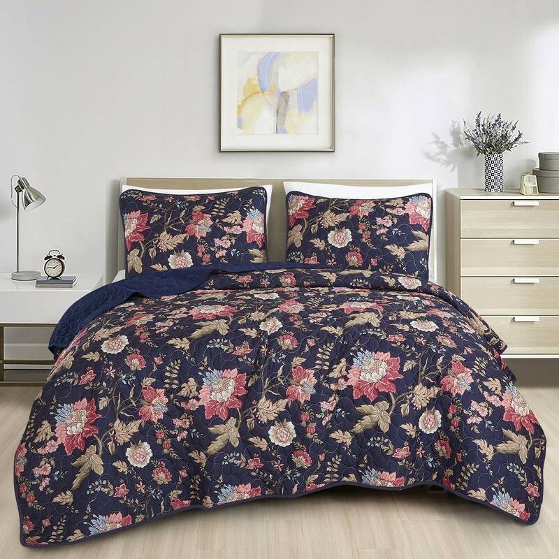3 Piece Blue Floral Geometric Reversible Quilt Coverlet Bedspread Bedding Set - King
