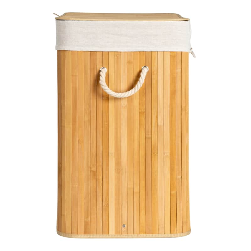 Household Essentials Bamboo Double Laundry Hamper with Rope Handles and Removable Laundry Bag