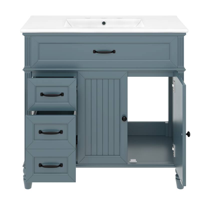 36" Bathroom Vanity with Sink, Blue Bathroom Cabinet with Drawers, Solid Frame and MDF Board, One Package