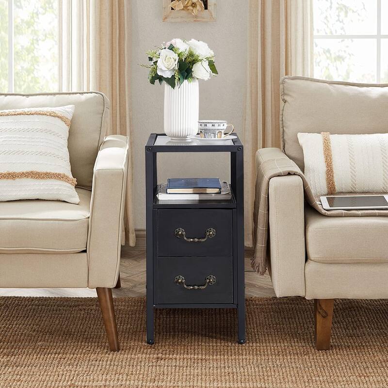 Industrial 2-Drawer Tempered Glass Narrow Nightstands /End Side Tables